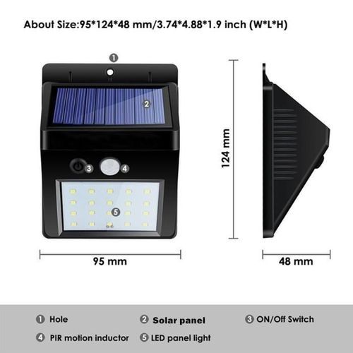 Lampe solaire extérieur 20 LED à détecteur de mouvement