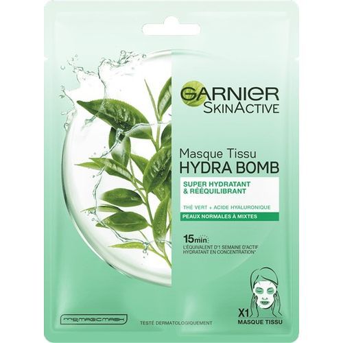 Garnier Masque de beauté visage hydratant pour peaux normales à mixtes, 1  masque en tissu Au thé vert + acide hyaluronique. 