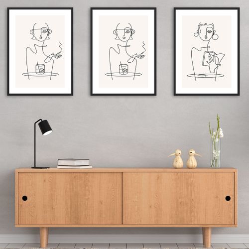 Euphoria Home Pack de 3 Tableaux avec cadre Noir de style Minimal Line art  à prix pas cher