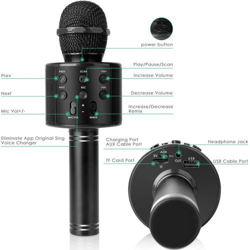 Slide  #5 Wster Microphone karaoké Bluetooth portable 5 en 1- 5W - Noir