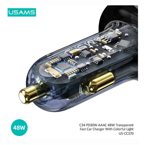 Usams Chargeur de voiture PD 30W 48W à 4 Ports (3 * USB + USB -C