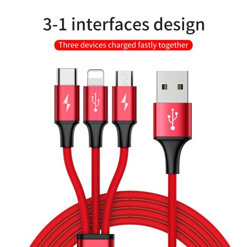Câble Multi USB 3 en 1 Tressé et Renforcé - USB-C, Micro-USB et Lightning -  1.2m Charge rapide ultra solide