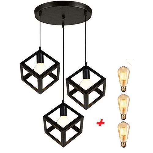 Lustre Suspension Design Cube Métal Industriel Barre 3 Lampes