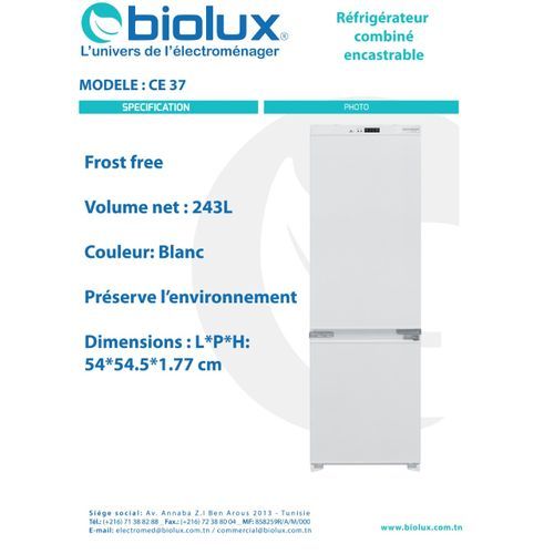 Biolux Réfrigérateur Encastrable 1 Porte - 370 L - Statique - Blanc -  Garantie 1 an à prix pas cher