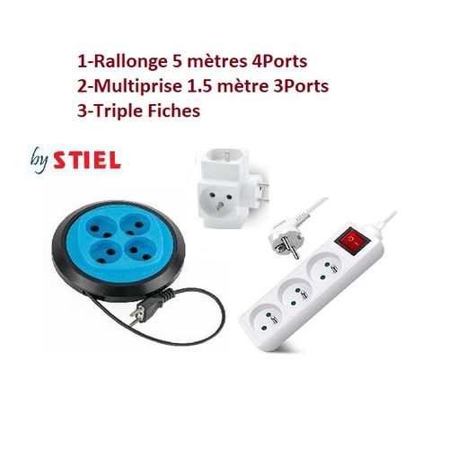 Stiel Pack Multiprise 1,5 mètre 3 ports + Rallonge 5 mètres 4 ports +  Triple Fiches à prix pas cher