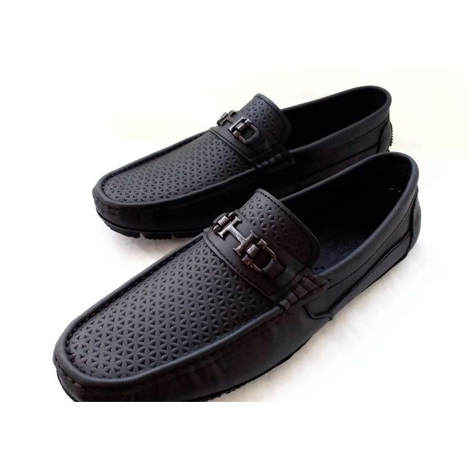 Slide  #1 VIP SHOES Mocassin pour hommes noir avec boucle metale