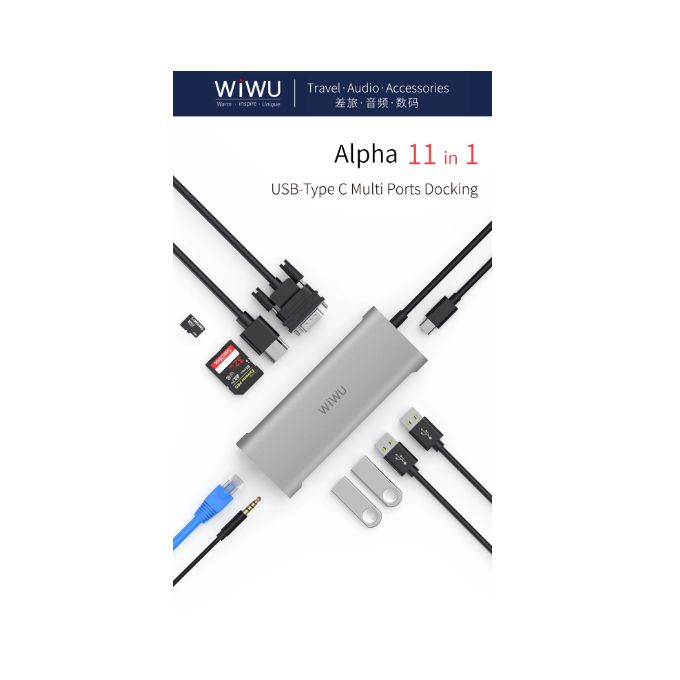 Slide  #4 WiWU Hub Type-C 11en1 avec:2*HDMI, Rj45, VGA, 3 USB 3.0, SD, TF, Audio, USB-C PD 100W
