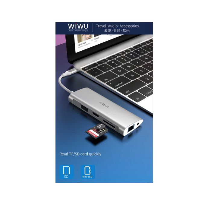 Slide  #6 WiWU Hub Type-C 11en1 avec:2*HDMI, Rj45, VGA, 3 USB 3.0, SD, TF, Audio, USB-C PD 100W