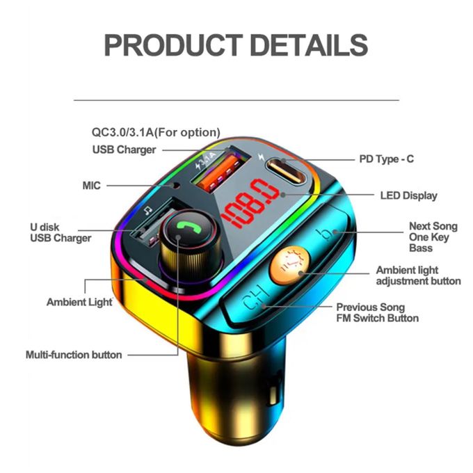 Slide  #1 C15 Transmetteur FM BT MP3 USB 3.1A ET Type-C Chargeur Rapide - multicolor