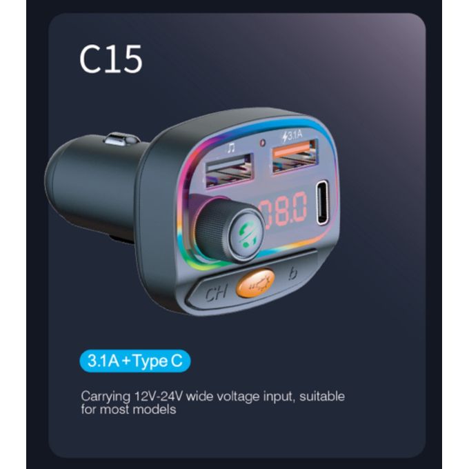 Slide  #4 C15 Transmetteur FM BT MP3 USB 3.1A ET Type-C Chargeur Rapide - multicolor