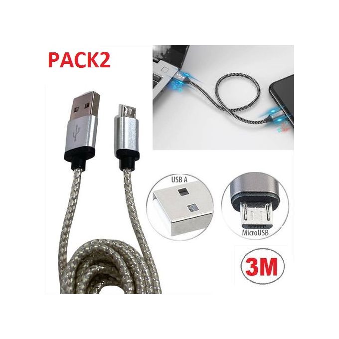 Pack 2 Câble USB Vers Micro USB V8 - 3 mètres image 0