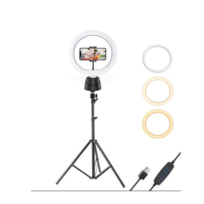 Generic Ring Light 26cm + Trepied Noir Tripod Avec Support Téléphone 3  Modes de Lumiere à prix pas cher