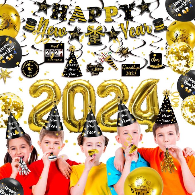 Célébration Du Nouvel An 2024 Ballons De Couleur Feuille Jaune