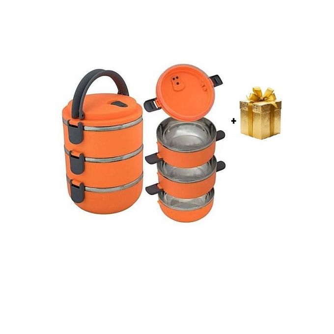 Baya Boite Repas - Lunch Box - 3 Niveaux - Isotherme - 2.1 Litre - En Inox - Orangé Avec Cadeau image 0