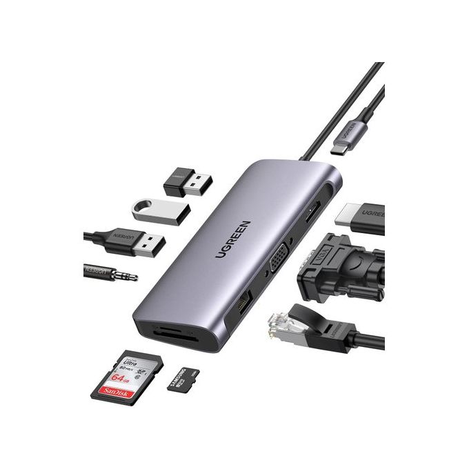 Ugreen HUB USB-C 10-en-1 Vers 3*USB 3.0 + HDMI + VGA + RJ45 + TF +