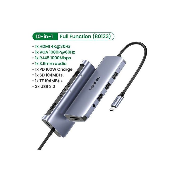 Ugreen HUB USB-C 10-en-1 Vers 3*USB 3.0 + HDMI + VGA + RJ45 + TF + SD +  Jack Audio + Type-C PD 100W à prix pas cher
