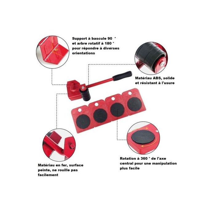 Kit de Déplace Meuble Lourd Sans Effort avec 1 Tige de Levage et 4 Roulettes  de Déplacement