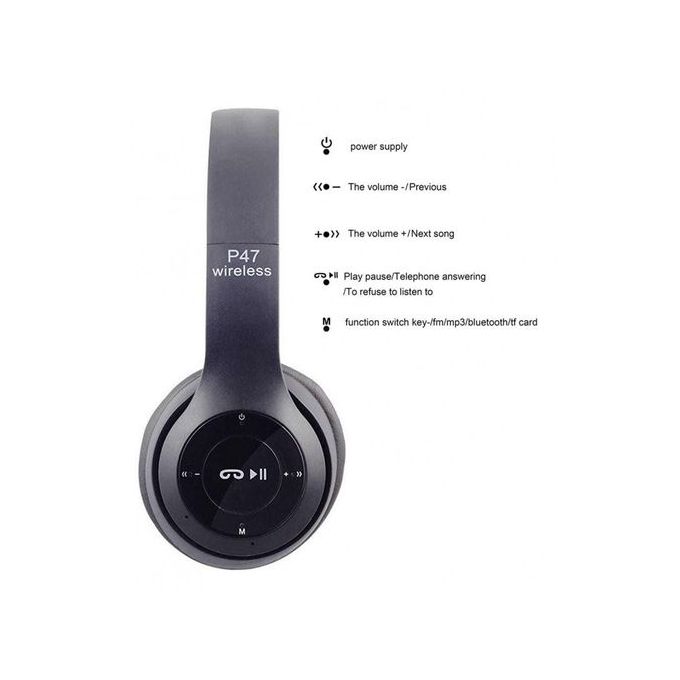 Generic Casque Bluetooth - MP3 - P47 - Noir à prix pas cher