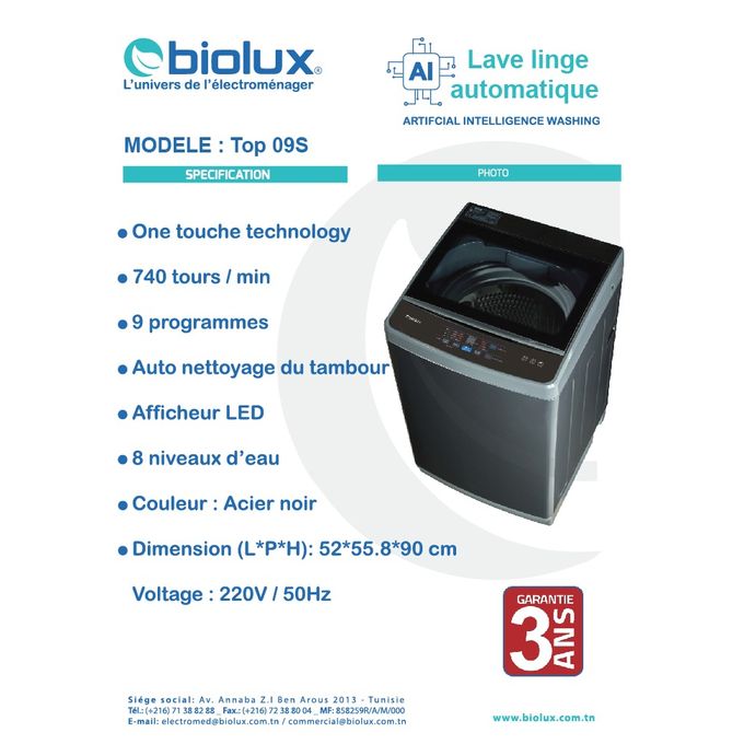 LAVE-LINGE TOP BIOLUX 9KG - ACIER NOIR